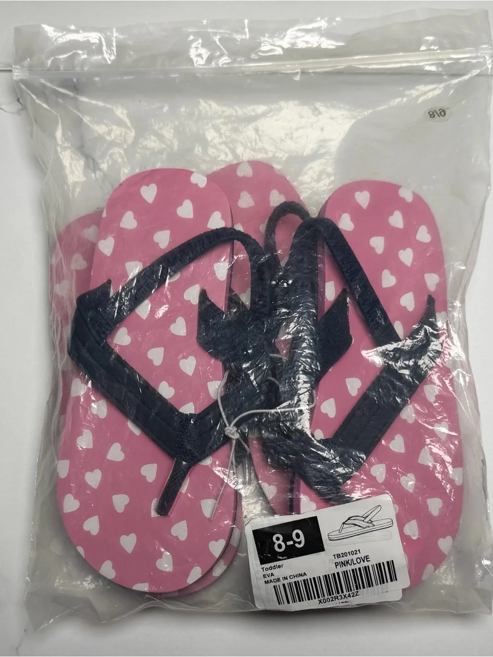 Girls' Pink Heart Print Flip-Flops with Navy Straps